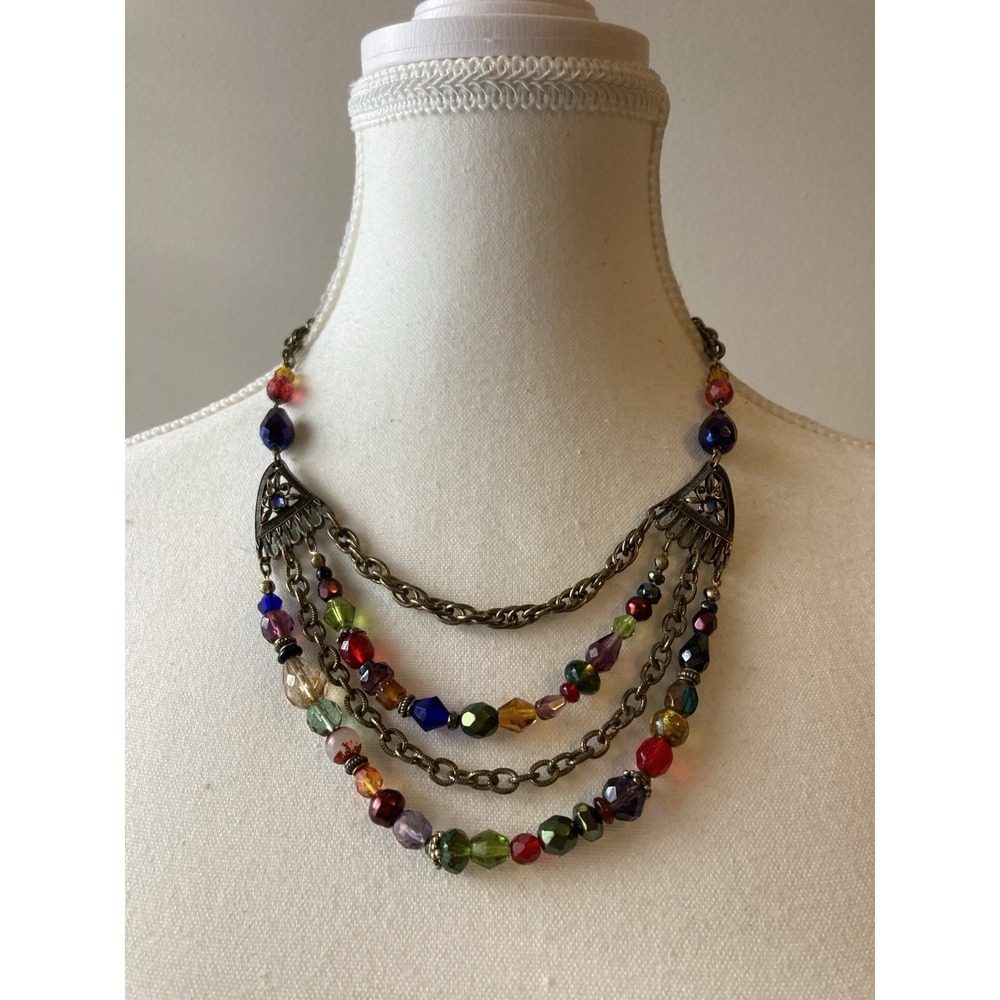 Boho Multicolor Beaded Layered Necklace Antiqued Gold Tone Statement‎ Colorful